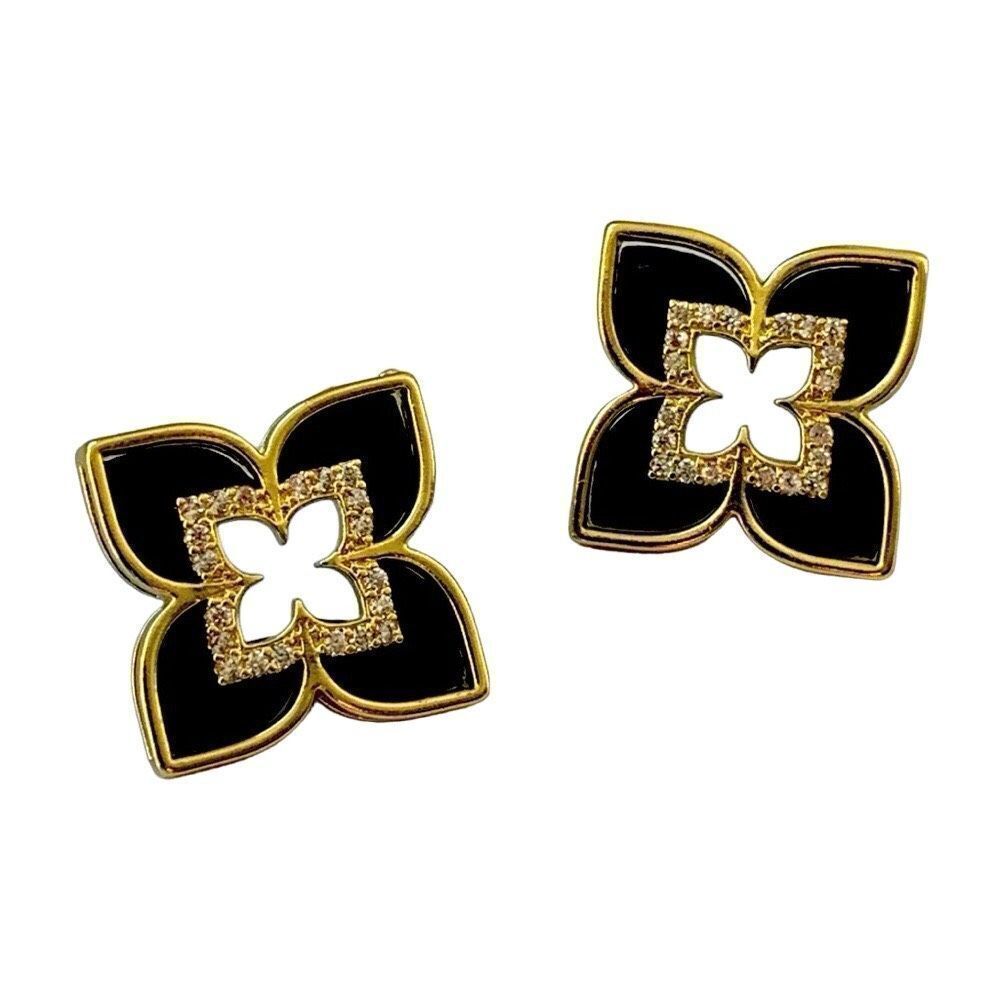 Black Enamel Quatrefoil Flower Stud Earrings with Crystal Accents